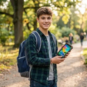 Niño sosteniendo un smartphone rugerizado como primer móvil