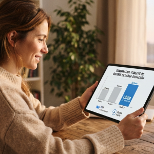 Woman in a beige sweater sits at a wooden desk, looking at a tablet displaying a bar chart in a home office setting
