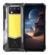Rugged smartphone with reinforced metal frame; back features a large yellow LED panel and triple-camera array, front displays a desert landscape wallpaper.